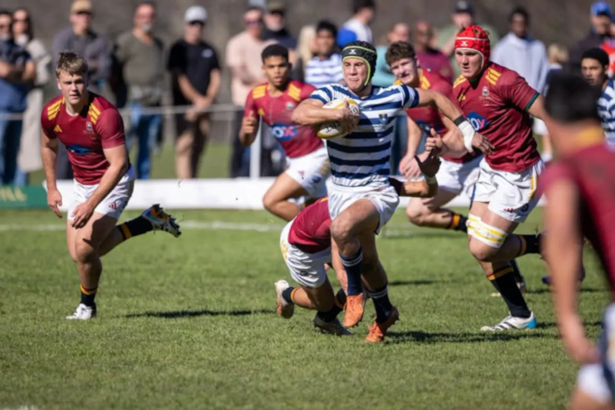 Rugby player in blue-and-white stripes runs with ball as teammates and defenders chase on a grassy field; crowd watches in the background. Rugby player in blue-and-white stripes runs with ball as teammates and defenders chase on a grassy field; crowd watches in the background.