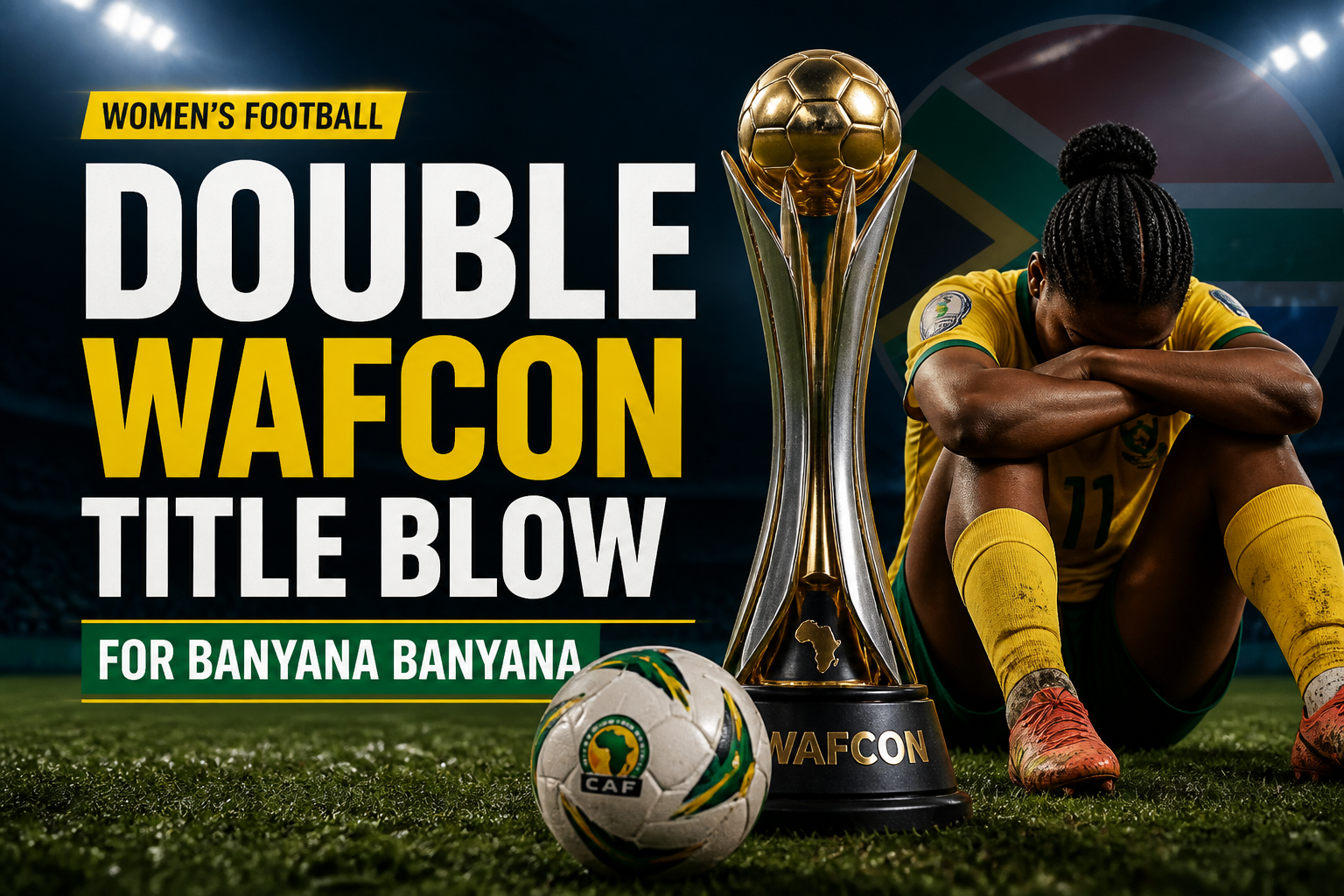 Announcement graphic: A woman's football team claims a double WAFCON title, with a trophy and a kneeling player in yellow kit beside a CAF ball. Announcement graphic: A woman's football team claims a double WAFCON title, with a trophy and a kneeling player in yellow kit beside a CAF ball.