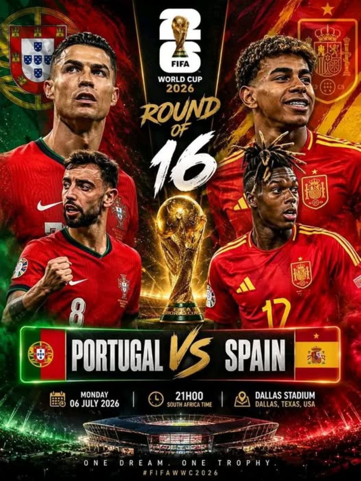 Promotional poster for the FIFA World Cup 2026 Round of 16: Portugal vs Spain, with four players in red kits and a central World Cup trophy between them.