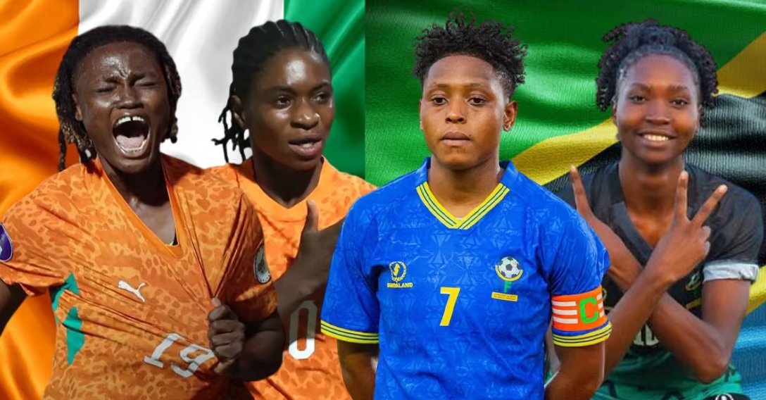 Group of female football players in orange, blue, and green kits posing in front of a flag background.