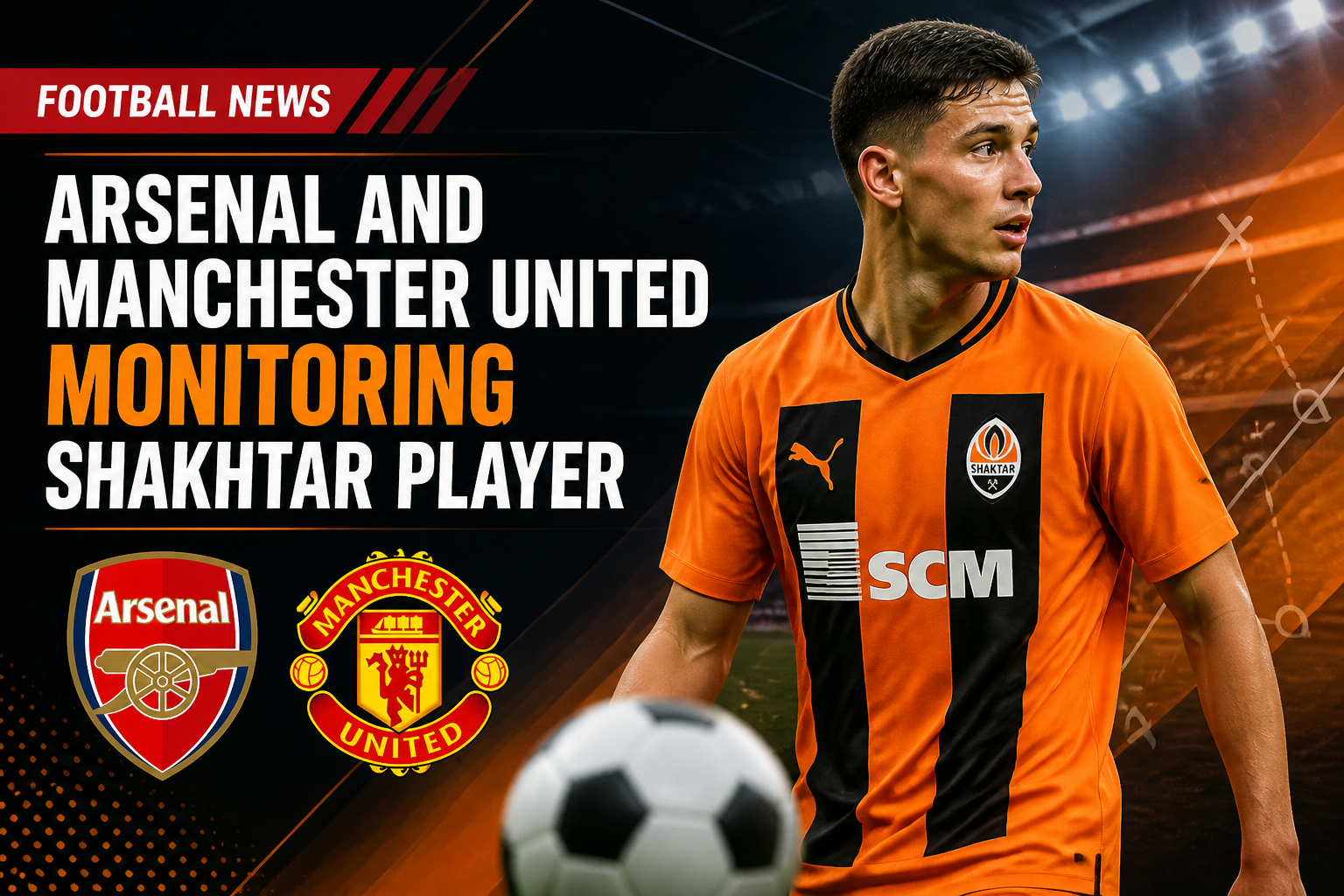 Football news banner: Arsenal and Manchester United monitoring a Shakhtar player, with a footballer in an orange kit on the right.