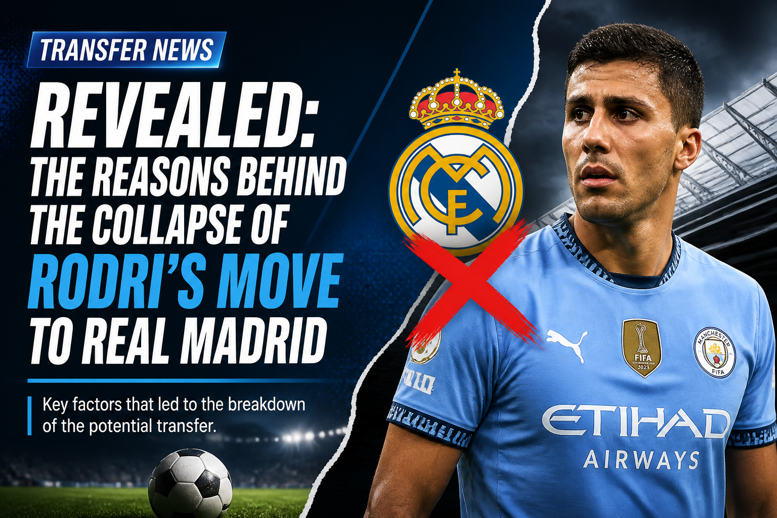 News thumbnail: revealed reasons behind a star player's failed move to Real Madrid; a Manchester City player in blue stands beside a crossed-out Real Madrid crest.