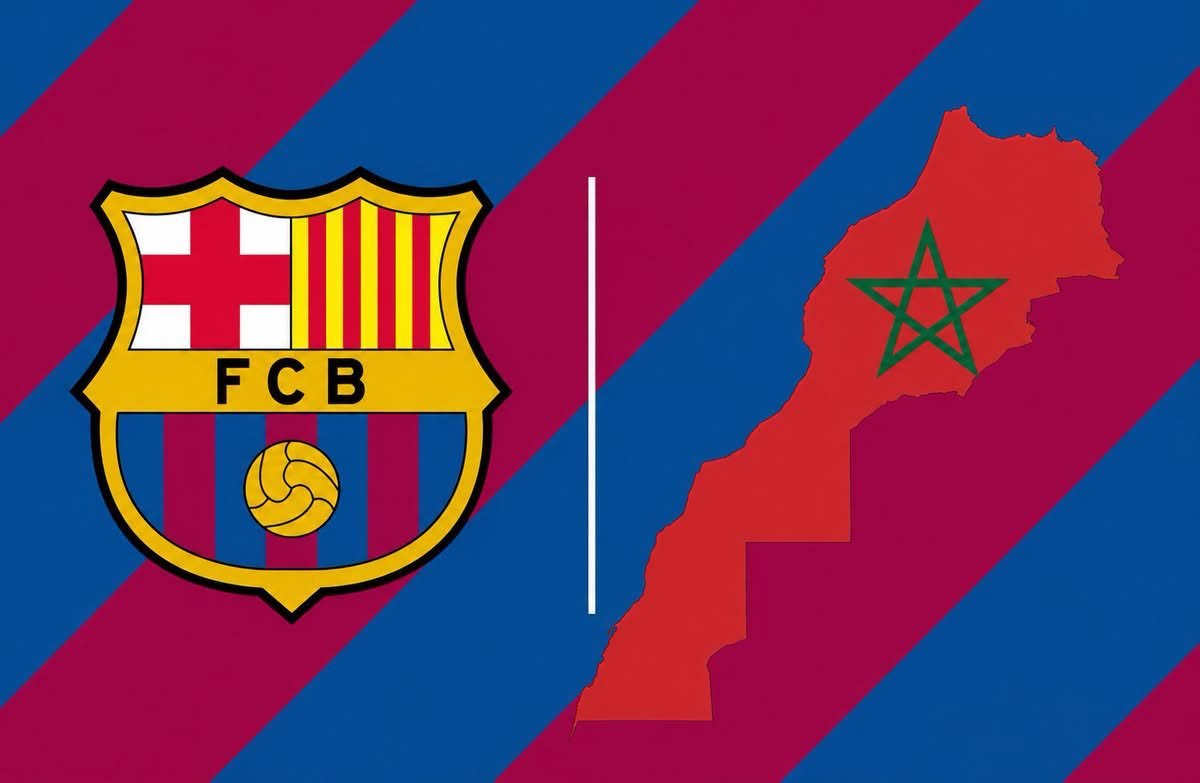 Barça crest beside a red Morocco map with a green star, on a blue and magenta diagonal background, divided by a vertical line.