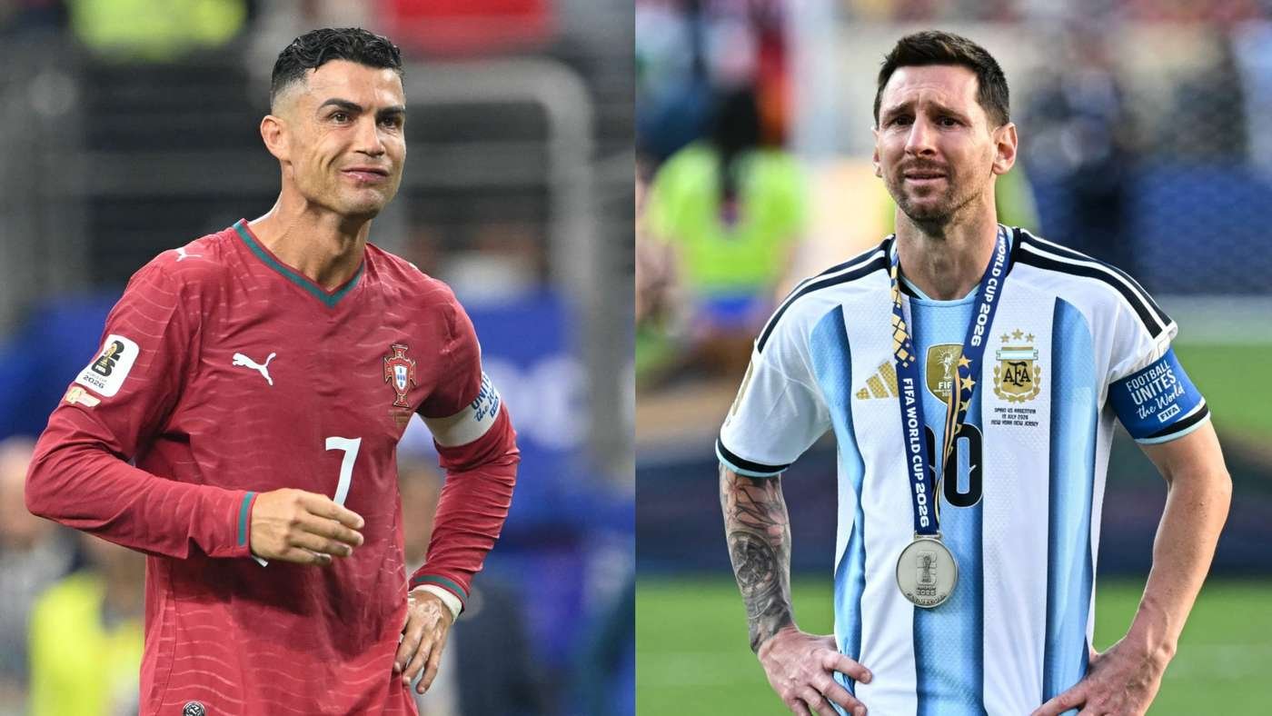 Split-screen: Cristiano Ronaldo in Portugal red jersey on the left, and Lionel Messi in Argentina light-blue striped kit with a World Cup medal on the right, both players posing.