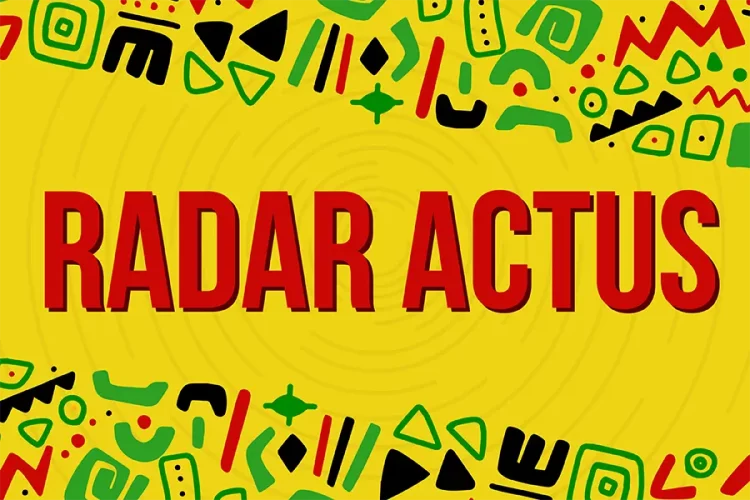 Bold red title 'RADAR ACTUS' on a bright yellow background framed by colorful abstract doodles.