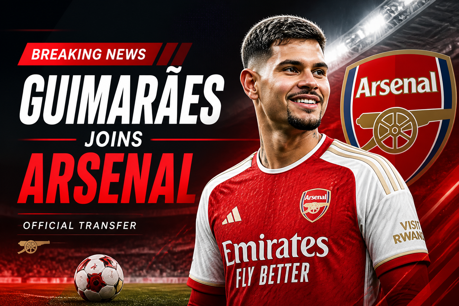 Breaking News: Guimarães joins Arsenal with a big smile and club crest in the background (official transfer poster).