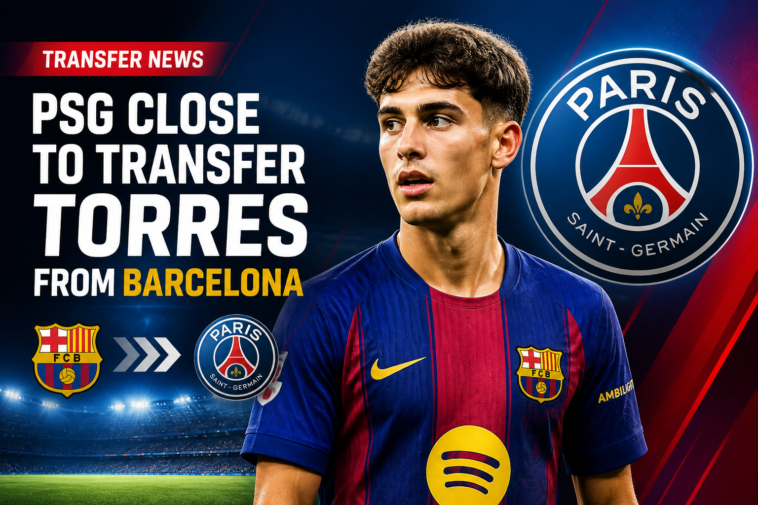 News graphic announcing PSG close to signing Torres from Barcelona, with PSG and Barcelona crests nearby and a Barca player in kit