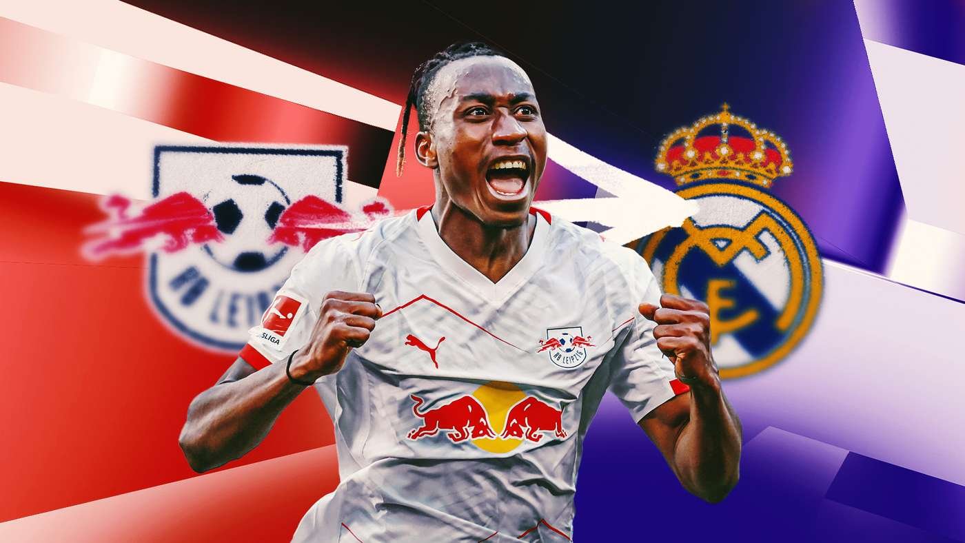 RB Leipzig footballer celebrating a goal in a white kit, with the Real Madrid crest visible in the background and dynamic red/blue graphics behind him.