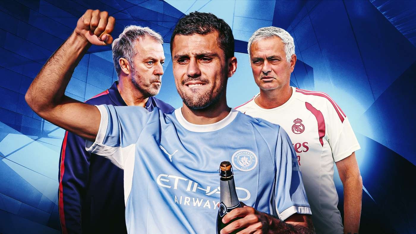 Three football players stand together in a dynamic promo-style collage; the central figure in a light blue Manchester City jersey holds a champagne bottle, with two teammates in darker kits behind him.