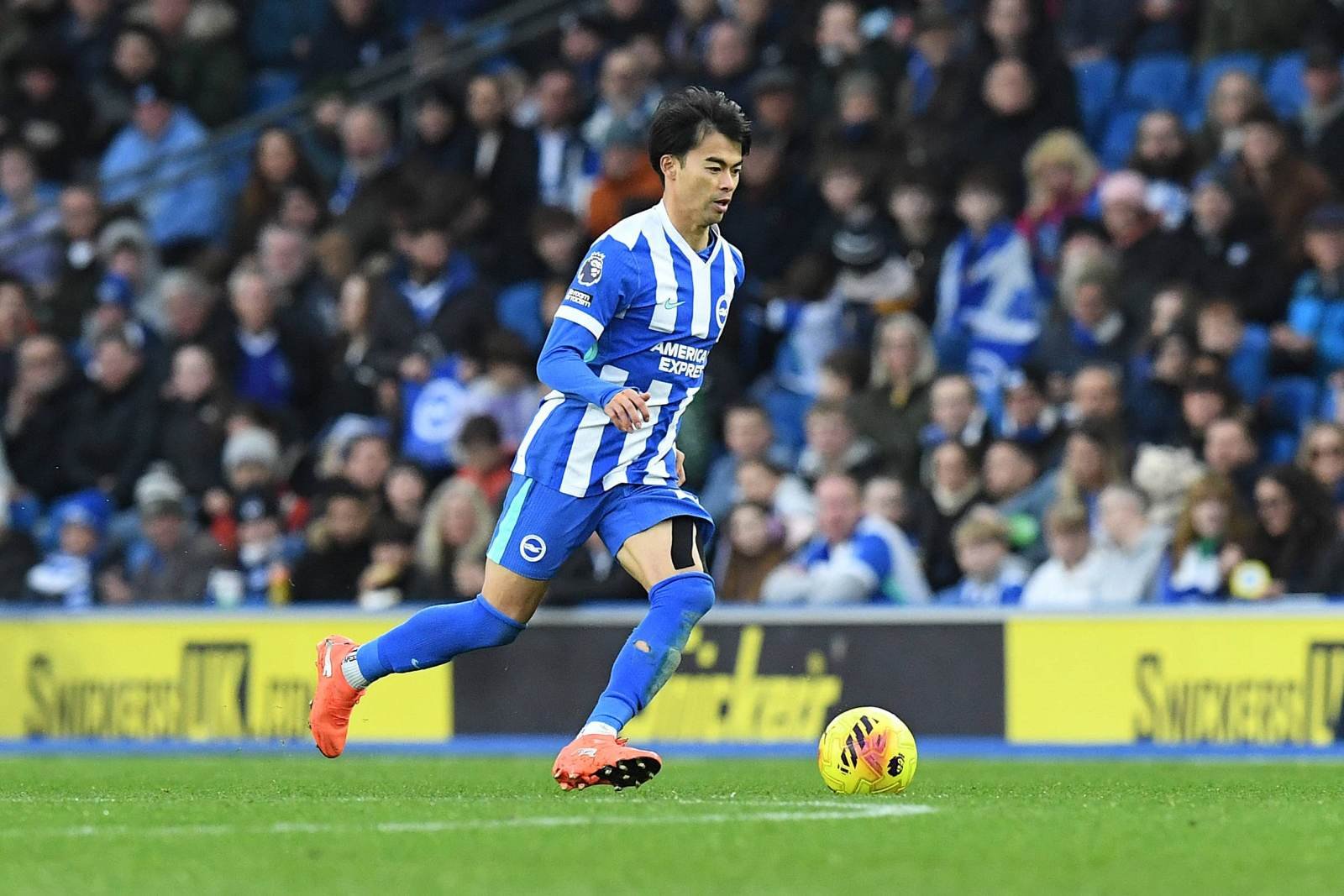 Soccer player in blue and white striped kit dribbles a yellow ball on the pitch with a crowded stadium in the background.