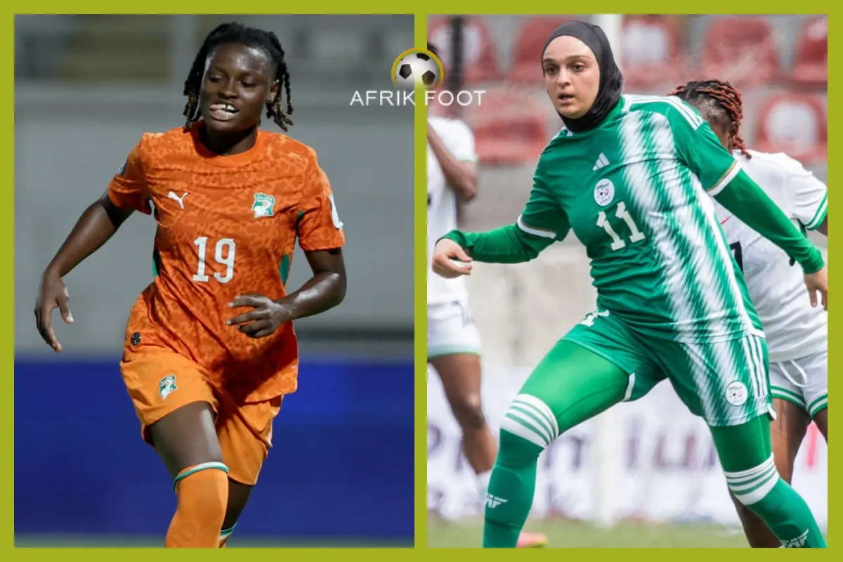 Split image of two female soccer players in action: left in orange kit with number 19, right in green kit with hijab and number 11.
