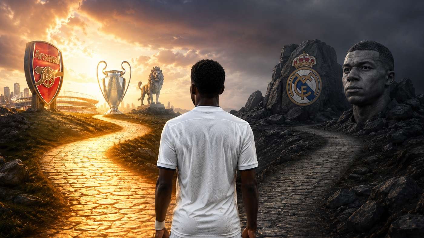 Man in a white shirt stands at a split cobblestone path, left toward Arsenal crest and trophy; Real Madrid crest looms on a rocky hill to the right. Man in a white shirt stands at a split cobblestone path, left toward Arsenal crest and trophy; Real Madrid crest looms on a rocky hill to the right.