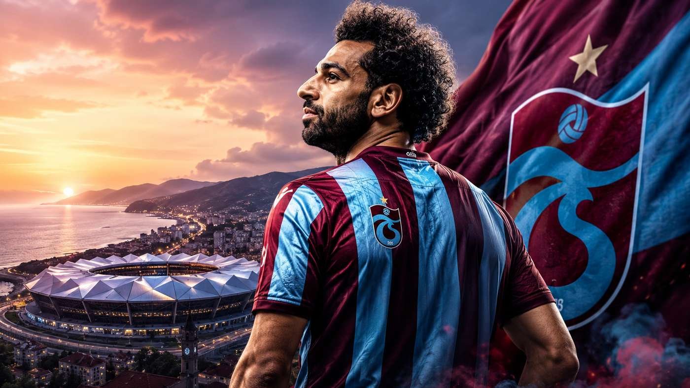 Footballer in maroon-and-sky blue jersey gazing toward a sunset, with a stadium and coastal city in the background.