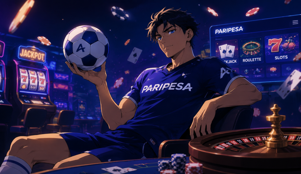 Man in a blue Paripesa jersey sits at a casino table, holding a soccer ball, with roulette wheel and neon signs in the background.