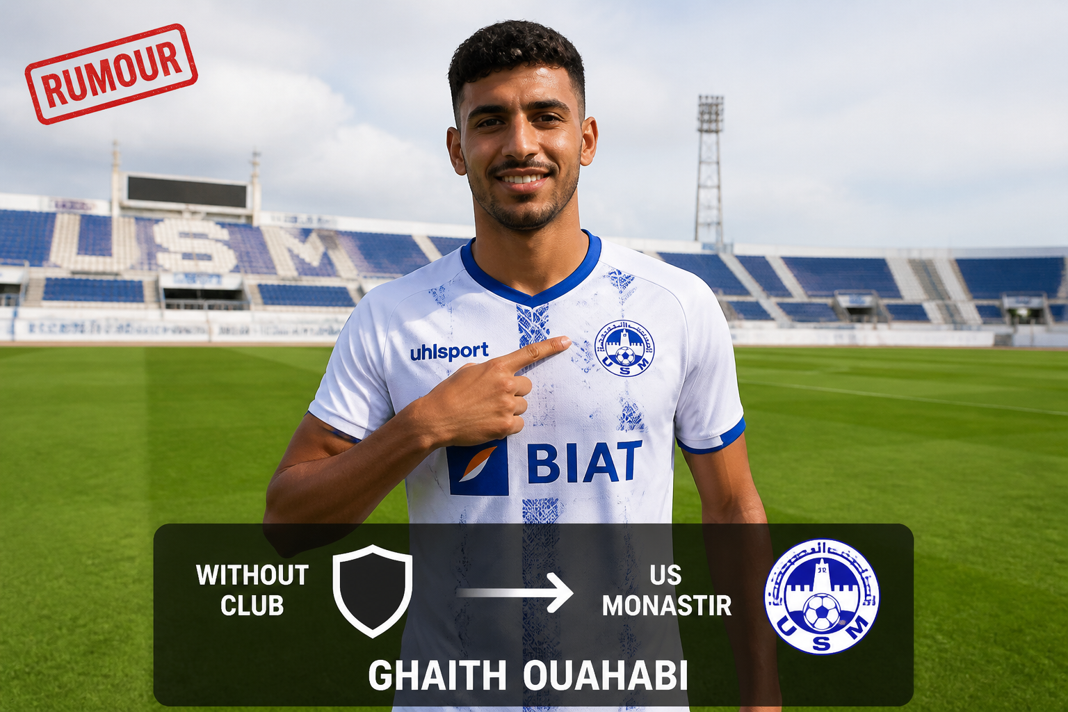 Smiling footballer in a white kit on a green pitch; banner shows a transfer rumor about Ghaith Ouahabi moving from no club to US Monastir, stamp reads 'RUMOUR'.