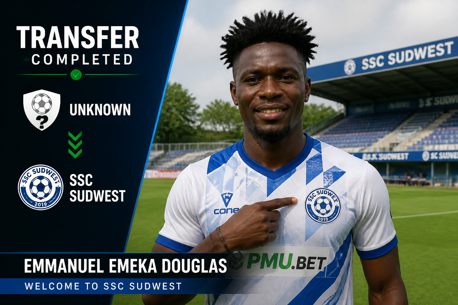 Transfer completed: Emmanuel Emeka Douglas joins SSC Sudwest; player points to the club crest on his jersey on a stadium backdrop. Transfer completed: Emmanuel Emeka Douglas joins SSC Sudwest; player points to the club crest on his jersey on a stadium backdrop.