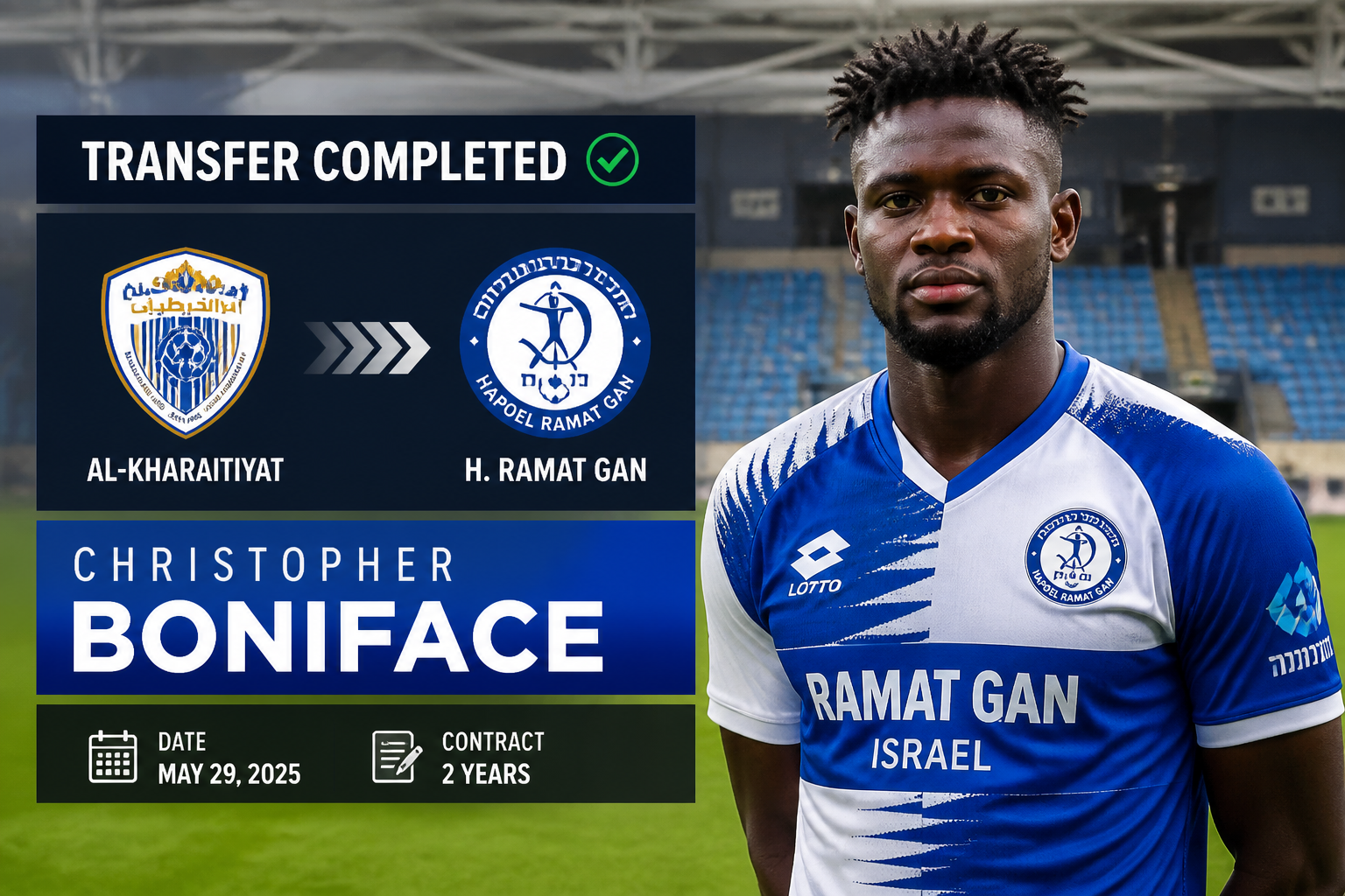 Transfer completed: Christopher Boniface joins H. Ramat Gan from Al-Kharaitiyat, May 29, 2025, 2-year contract. Transfer completed: Christopher Boniface joins H. Ramat Gan from Al-Kharaitiyat, May 29, 2025, 2-year contract.
