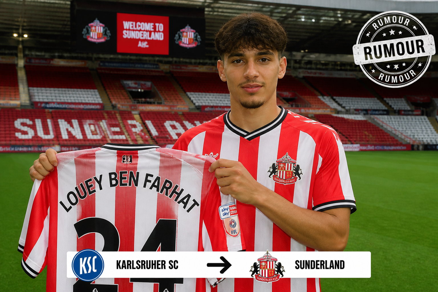 Footballer in a red-and-white Sunderland kit holds up a red-and-white striped shirt reading LOUEY BEN FARHAT, number 24, at a stadium backdrop