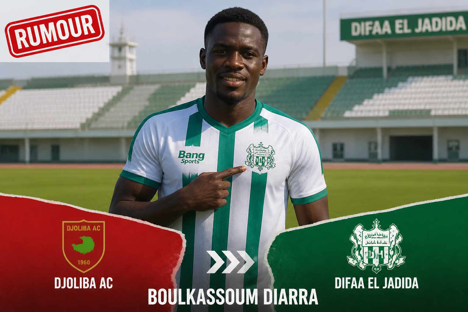 Portrait of Boukassoum Diarra in a green-and-white jersey on a stadium field, flanked by Djoliba AC (red) and Difaa El Jadida (green) banners with a 'RUMOUR' stamp in the corner.