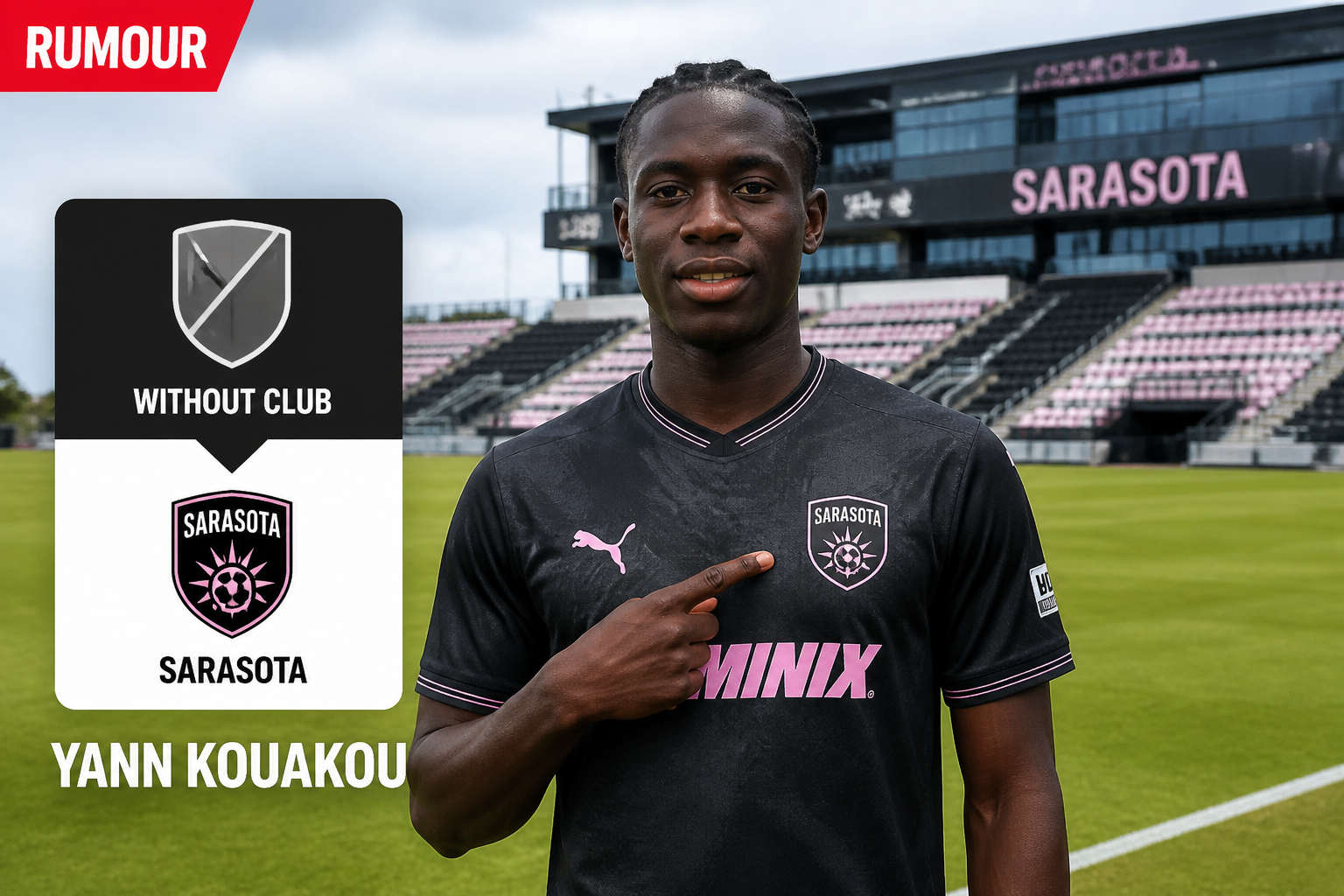 Portrait of Yann Kouakou in a Sarasota FC black kit on a soccer field, pointing to the team crest as a left-side graphic shows the 'Without Club' badge and Sarasota emblem.