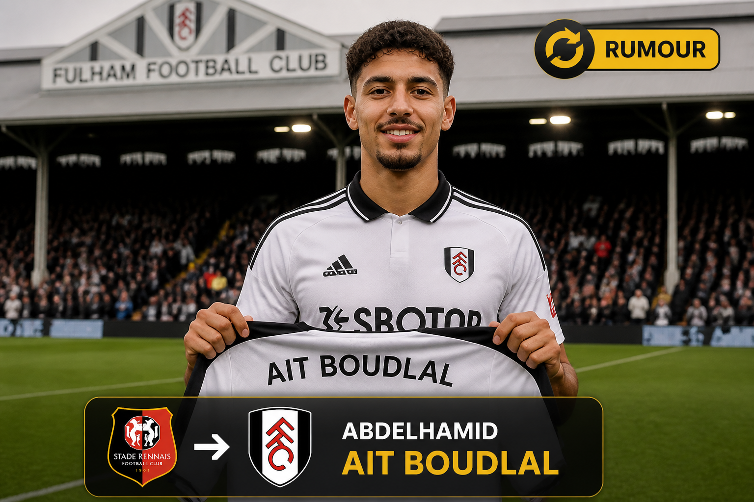 Footballer Abdelhamid Ait Boudlal posing with a Fulham jersey during a transfer reveal at the stadium. Footballer Abdelhamid Ait Boudlal posing with a Fulham jersey during a transfer reveal at the stadium.