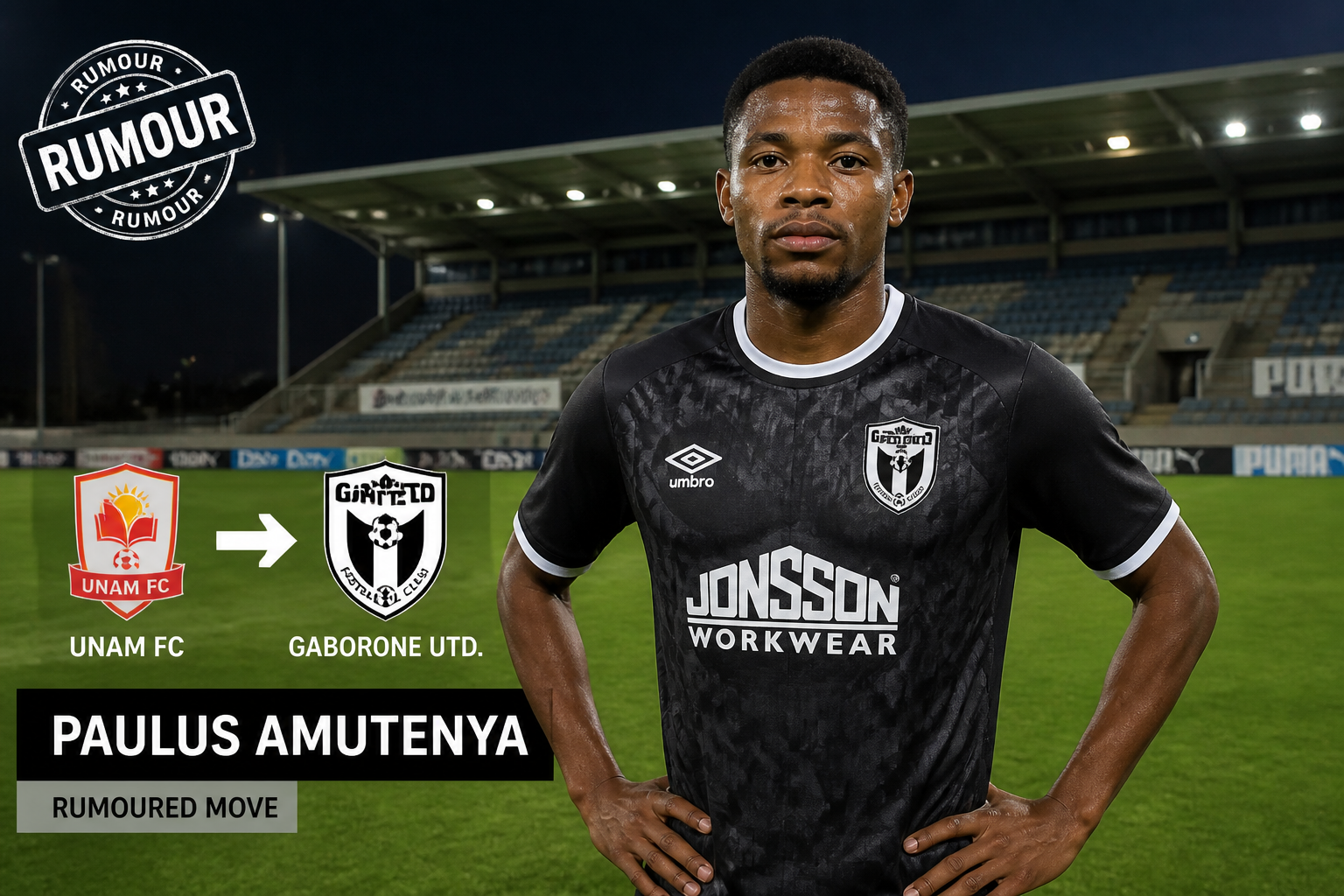 Paulus Amutenya on a soccer field with a 'Rumoured Move' banner, linking UNAM FC to Gaborone UTD.