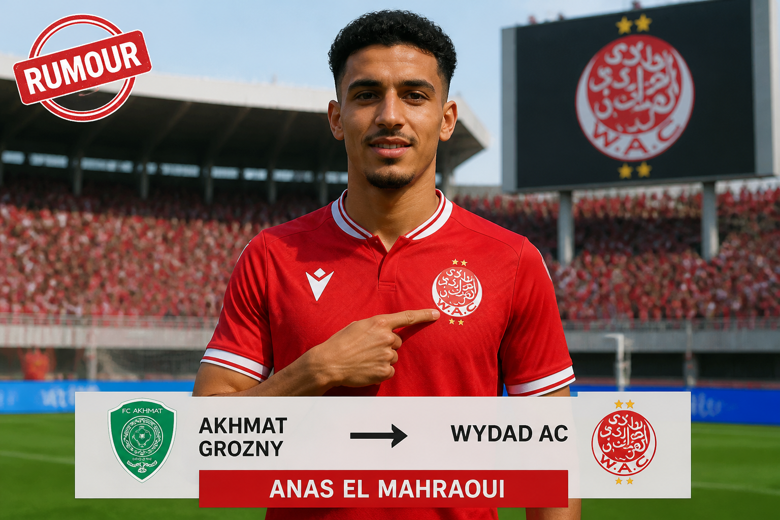 Portrait of Anas El Mahraoui in a red Wydad AC jersey at the stadium, pointing to the club badge; a rumor banner is visible in the corner. Portrait of Anas El Mahraoui in a red Wydad AC jersey at the stadium, pointing to the club badge; a rumor banner is visible in the corner.