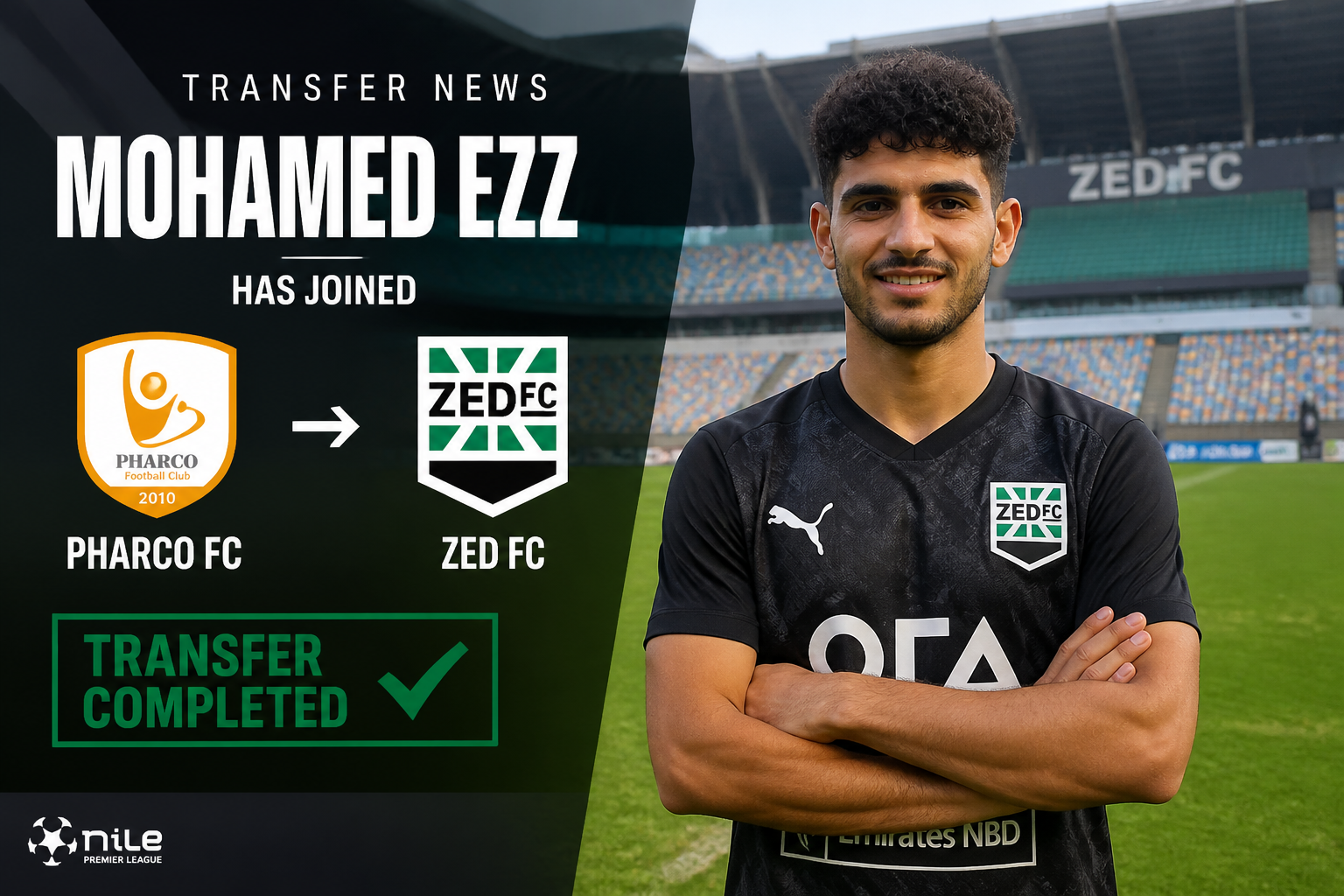 Announcement graphic: Mohamed Ezz has joined ZED FC from Pharco FC; transfer completed, featuring club logos and a smiling player in ZED FC kit.