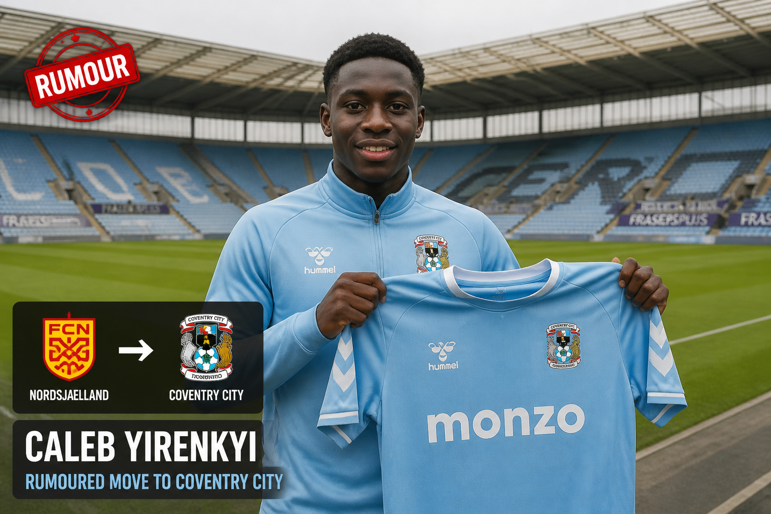 Caleb Yirenkyi stands on a football pitch, holding a light-blue Coventry City shirt with a stadium backdrop and a 'Rumour' transfer graphic.