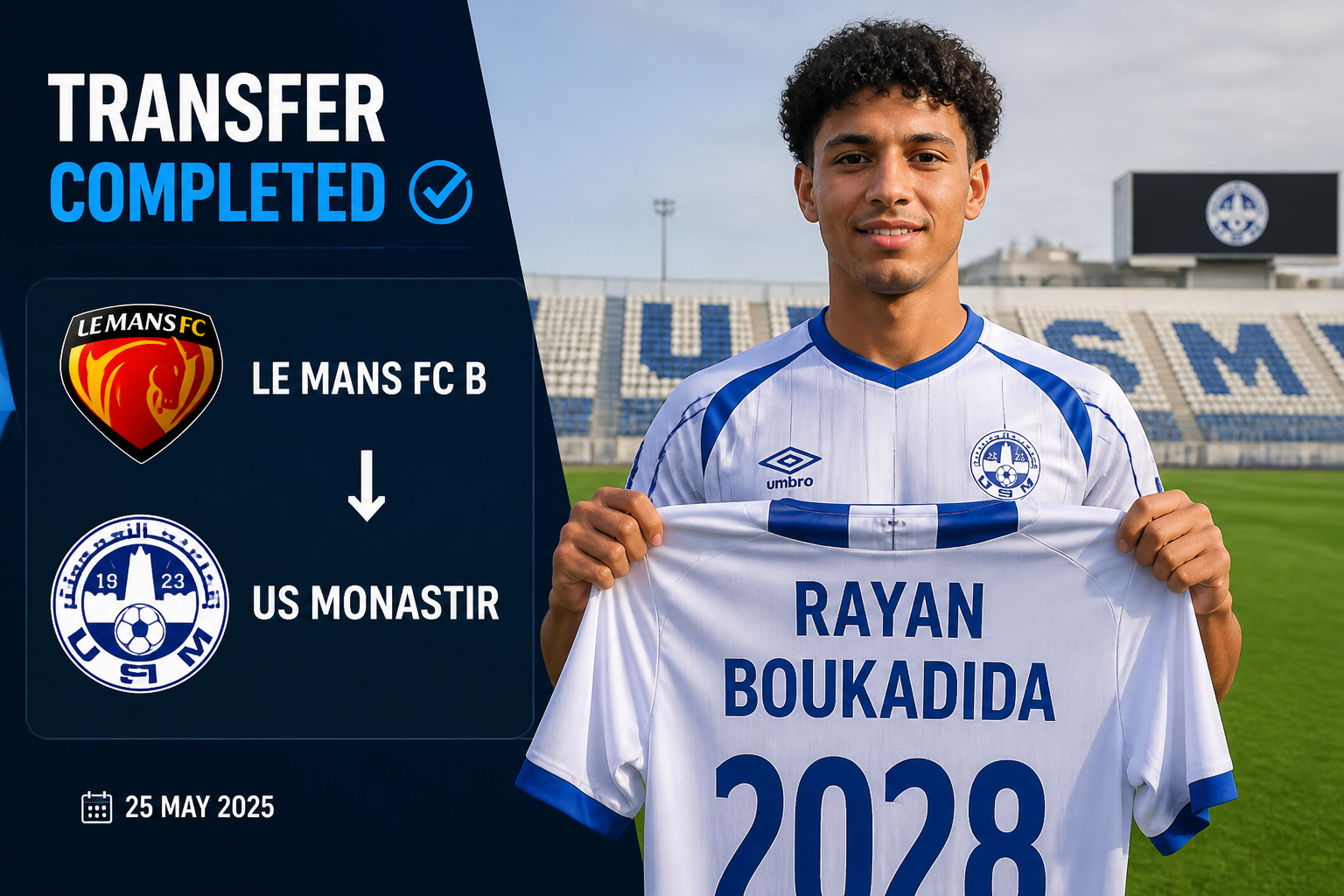 Transfer completed: Rayan Boukadida signs with US Monastir; display shows Le Mans FC B to US Monastir with logos and date 25 May 2025.