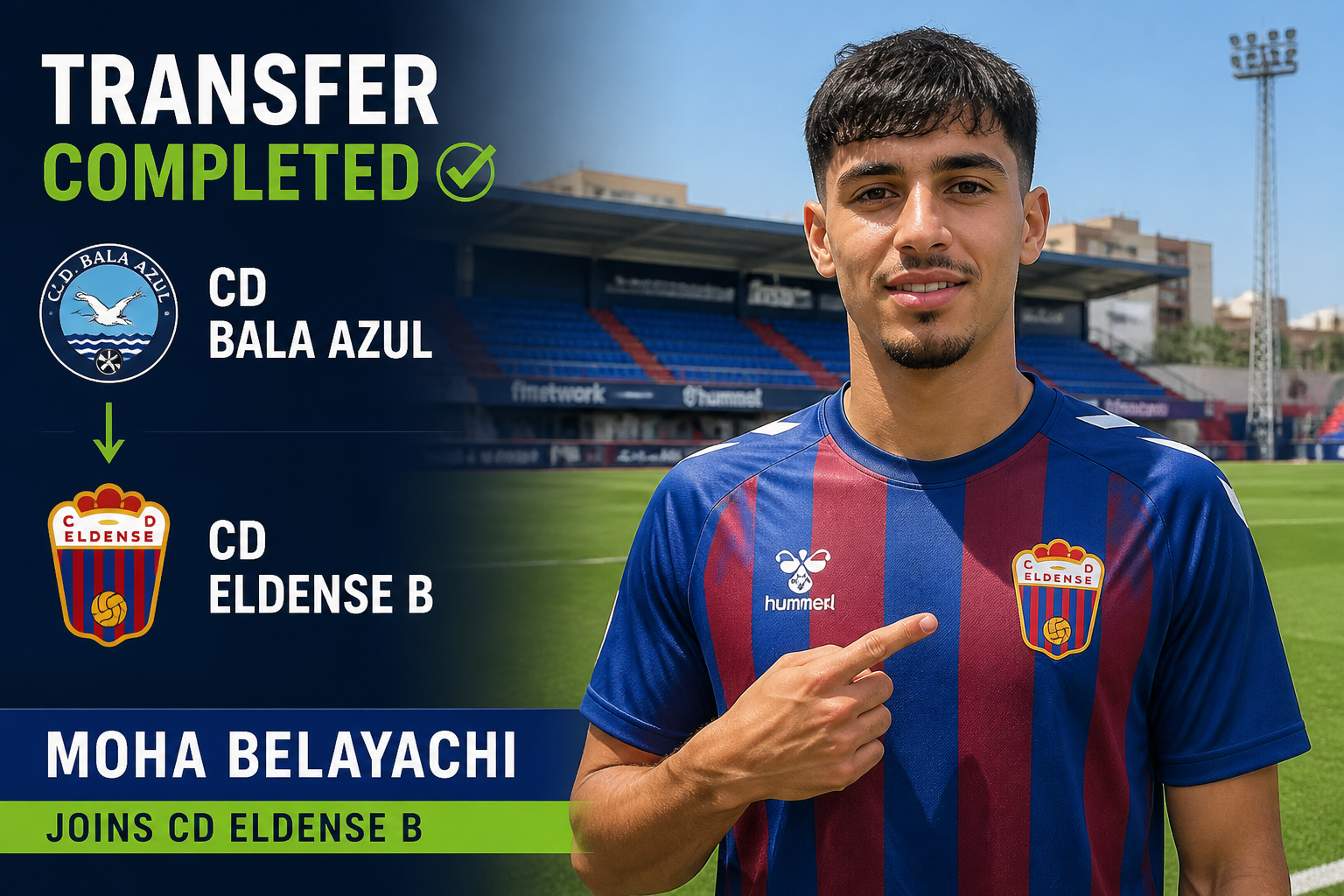 Moha Belayachi in Eldense B kit points to the club crest as the transfer is announced.
