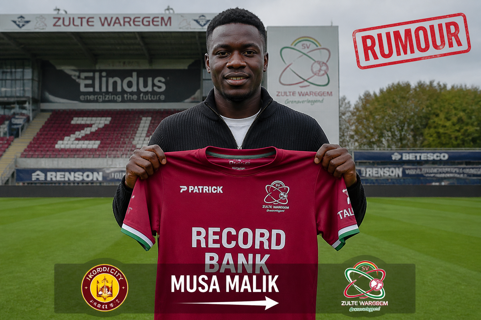 Man standing on a football field holding a maroon jersey that reads 'RECORD BANK MUSA MALIK' with team logos visible in the background and on the sleeve.