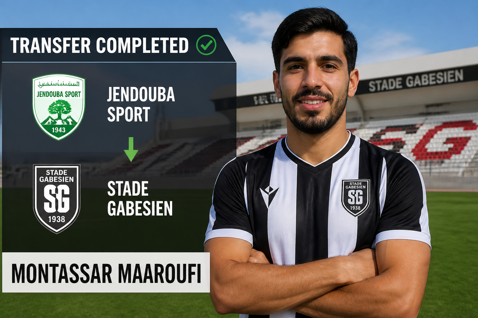 Montassar Maaroufi stands with arms crossed on a soccer field as a graphic shows his transfer from Jendouba Sport to Stade Gabesien and club logos behind him. Montassar Maaroufi stands with arms crossed on a soccer field as a graphic shows his transfer from Jendouba Sport to Stade Gabesien and club logos behind him.