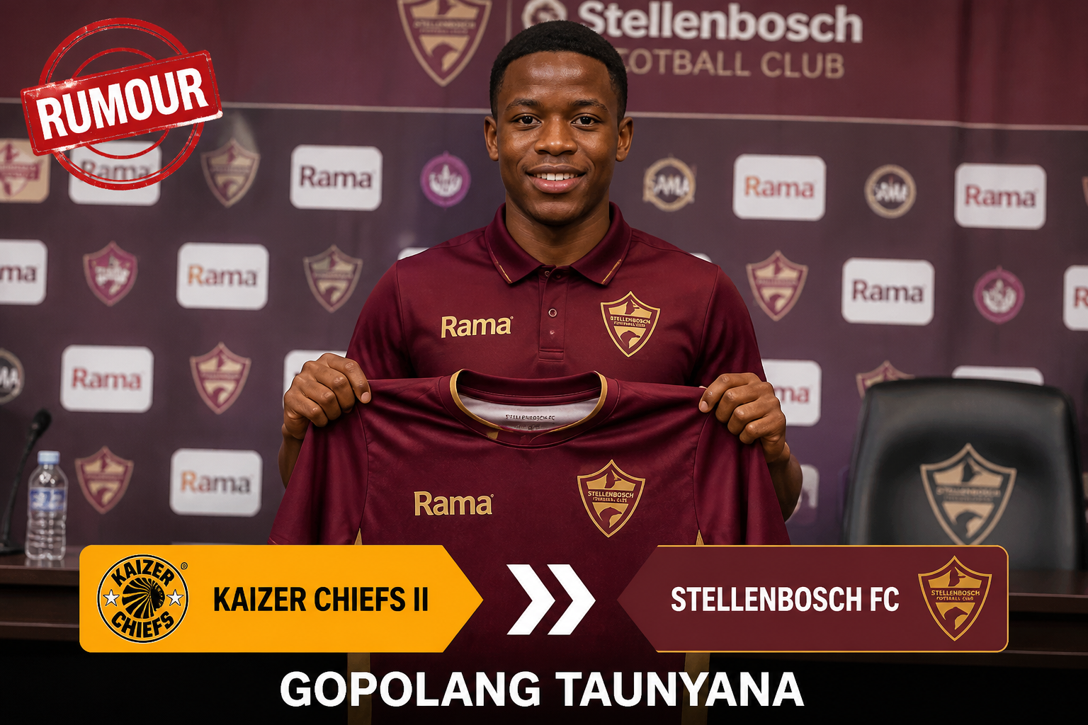Gopolang Taunyana of Stellenbosch FC holds a maroon team jersey at a press conference backdrop. Gopolang Taunyana of Stellenbosch FC holds a maroon team jersey at a press conference backdrop.