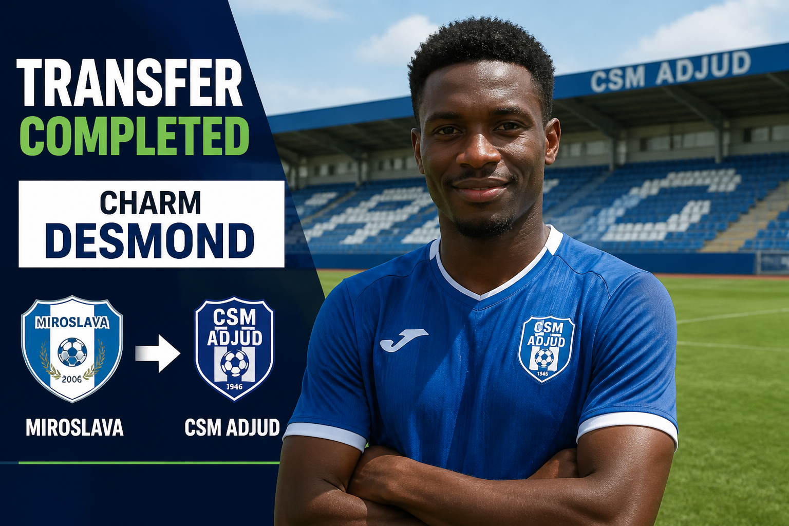 Announcement banner: 'Transfer Completed' with Charm Desmond and club logos Miroslava and CSM Adjud beside a smiling player in a blue jersey at a stadium.