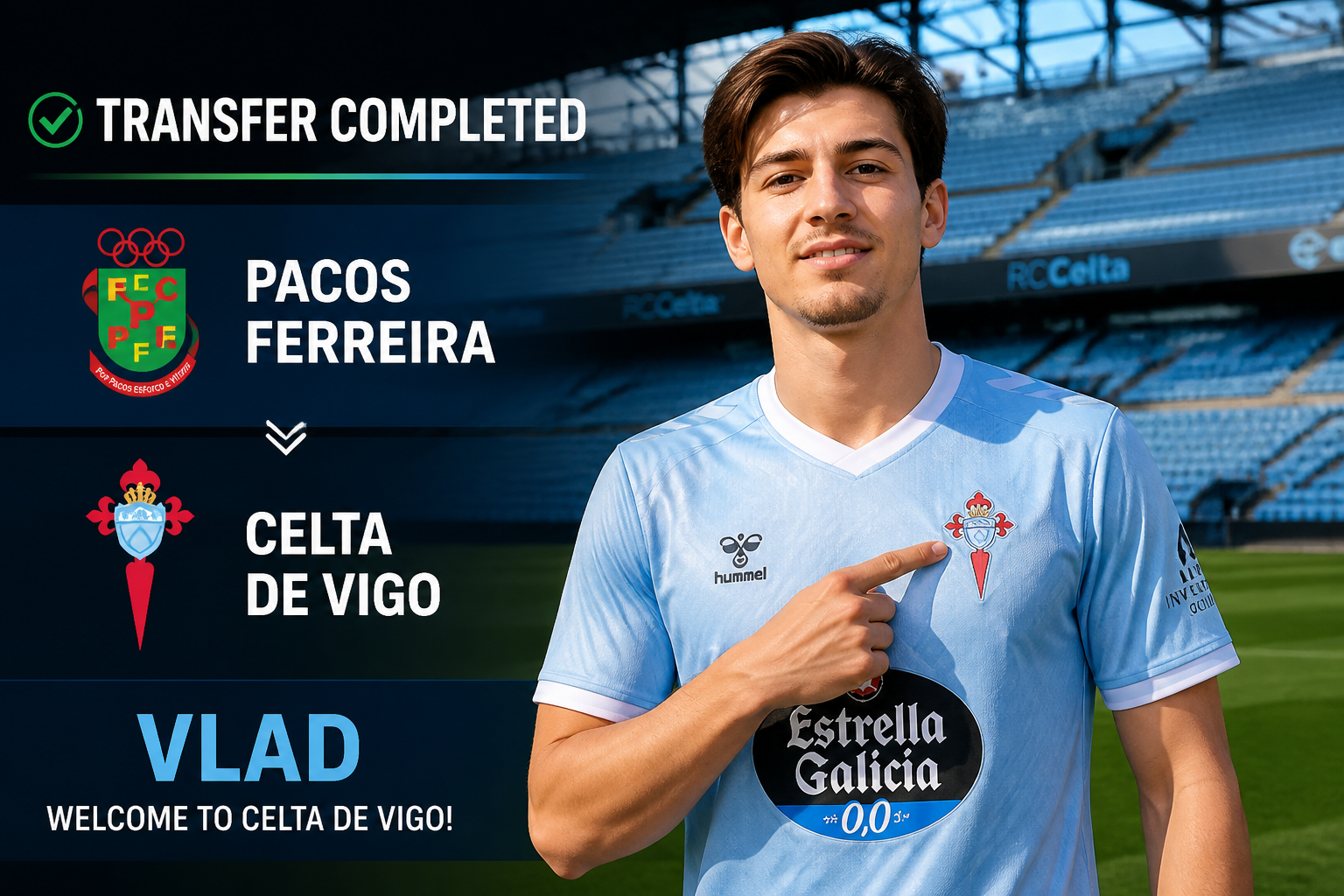 Banner announcing transfer: Vlad joins Celta de Vigo from Pacos Ferreira, with club crests and 'Transfer Completed' text.