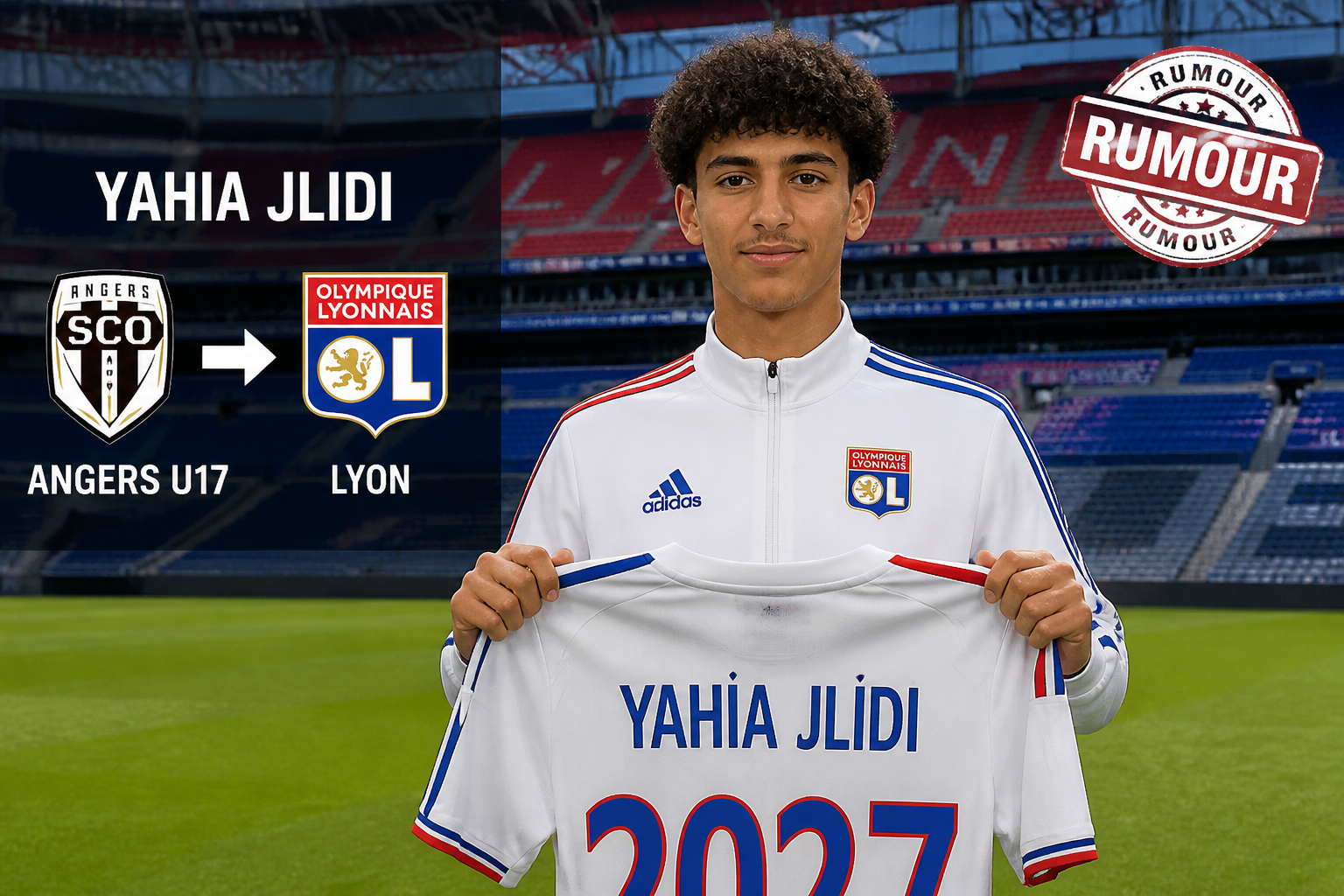 Yahia Jlidi holding a Lyon jersey with 2027 on it, Angers U17 to Lyon transfer graphic and Rumour badge in the background.