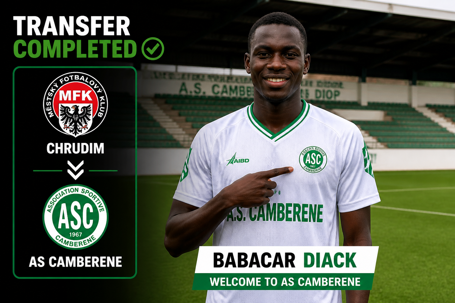 Transfer completed banner: smiling player in AS CAMBERENE jersey pointing to ASC badge with club logos on dark panel left.
