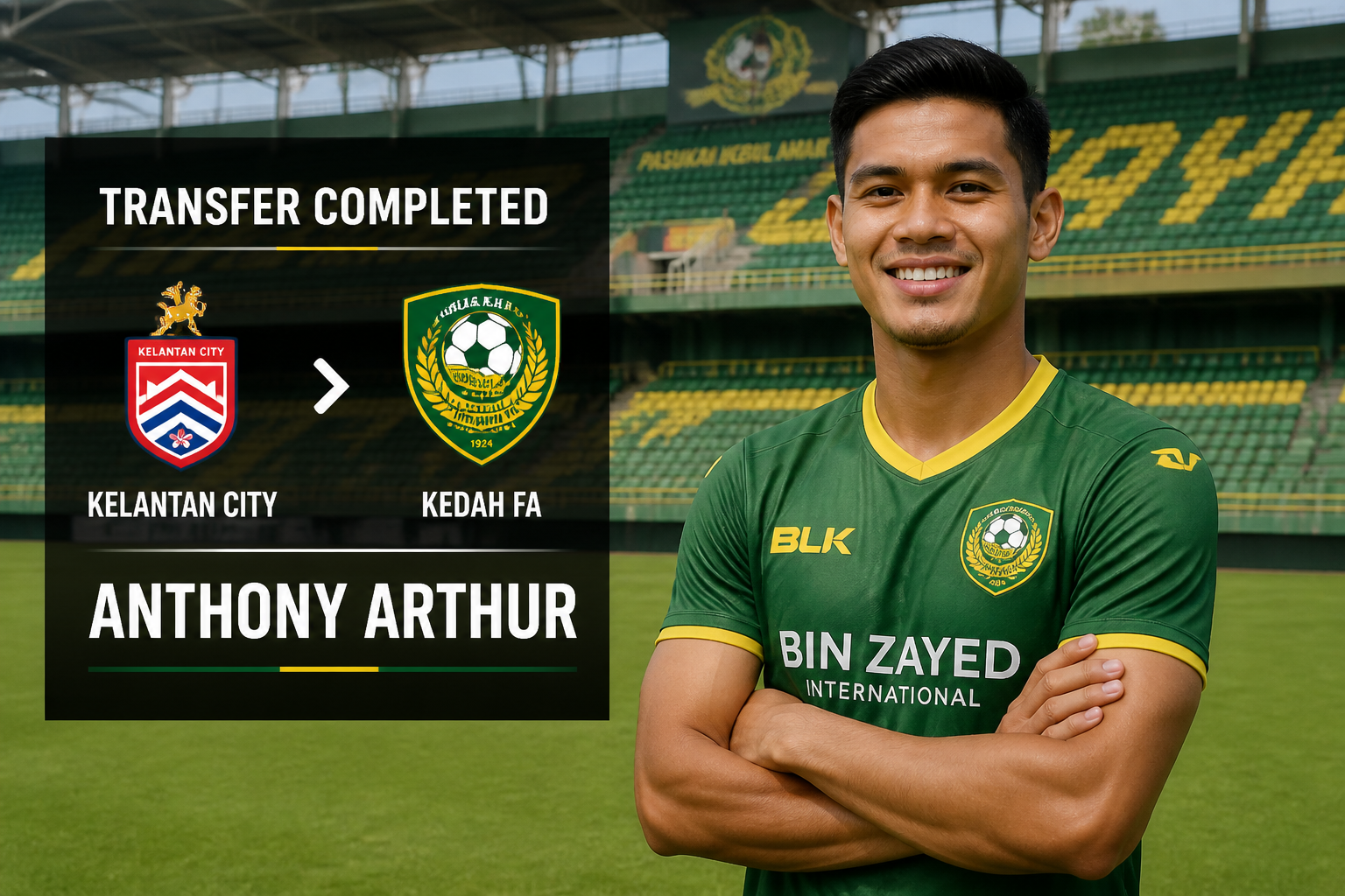 Transfer completed banner shows Kelantan City to Kedah FA crests with Anthony Arthur on a football pitch in a green kit.