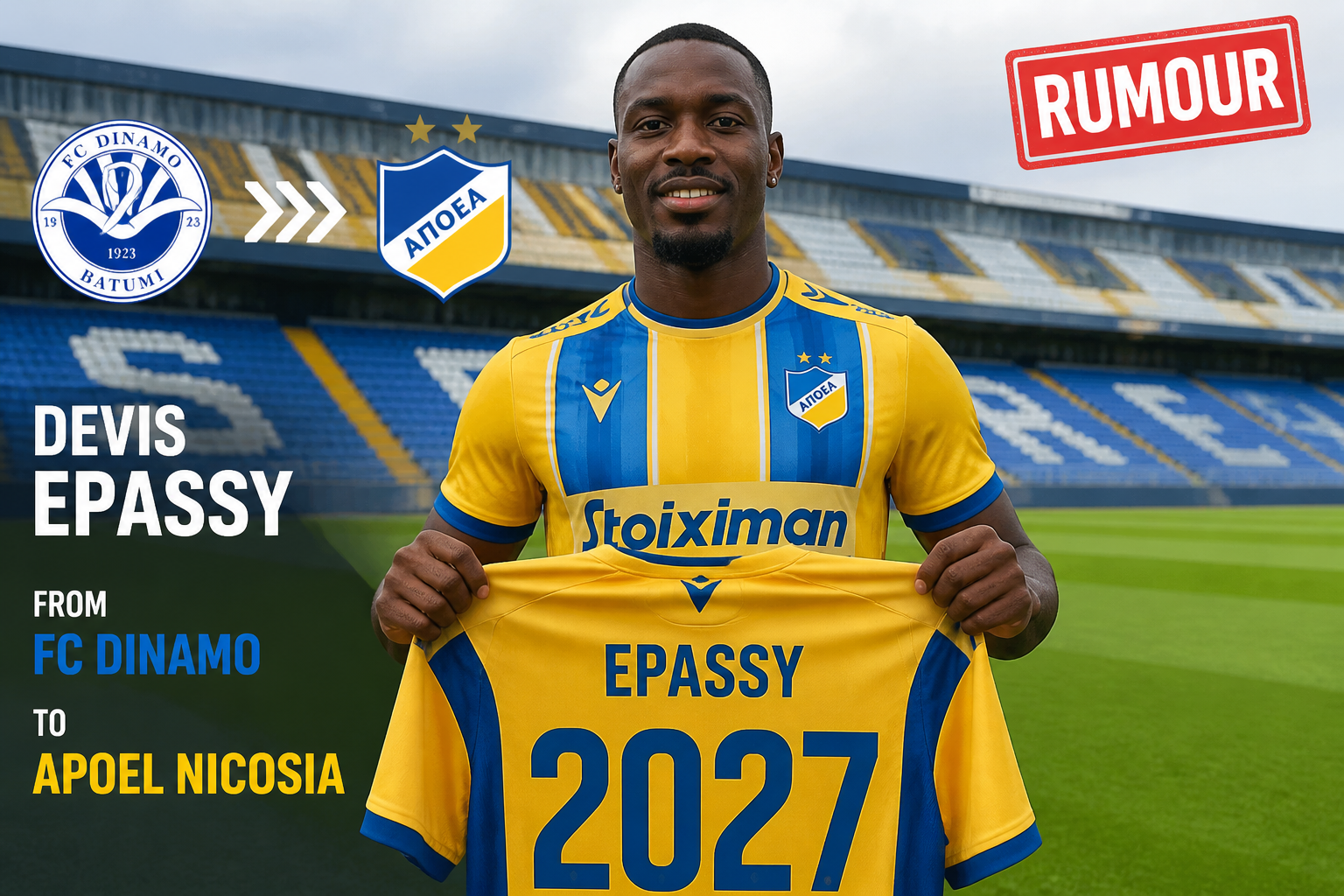Footballer Devis Epassy in an APOEL kit at a stadium, holding the yellow and blue 2027 jersey to announce his transfer from FC Dinamo Batumi to APOEL Nicosia.