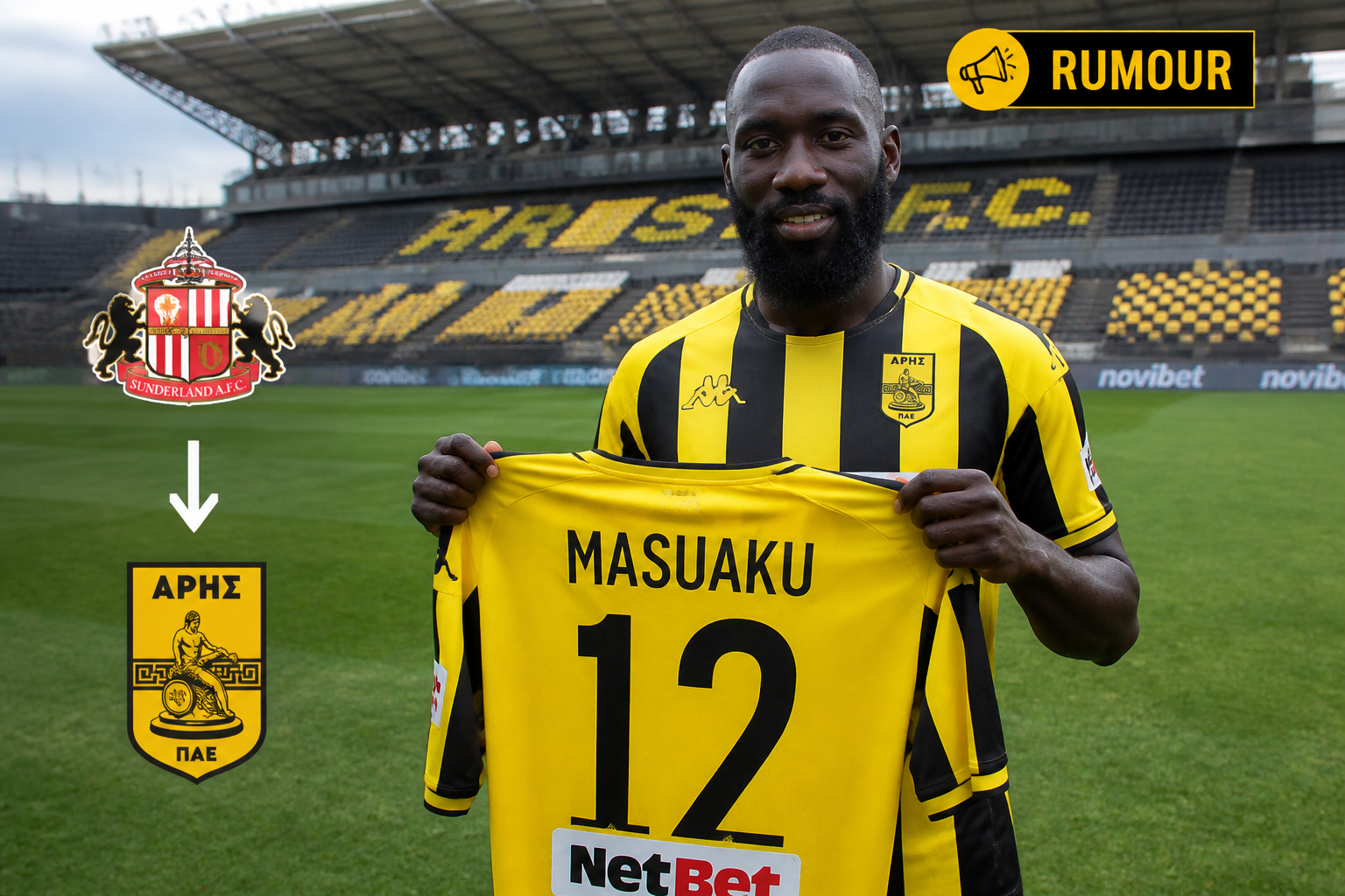 Footballer Masuaku in a yellow-and-black kit holding up his yellow jersey with the name MASUAKU and number 12 on a football pitch at a stadium ground example of ARIS FC branding and sponsor NetBet visible on the shirt area.
