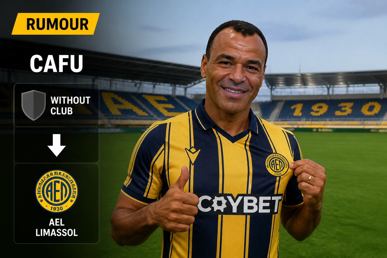News graphic about a footballer rumored to be without a club at AEL Limassol.