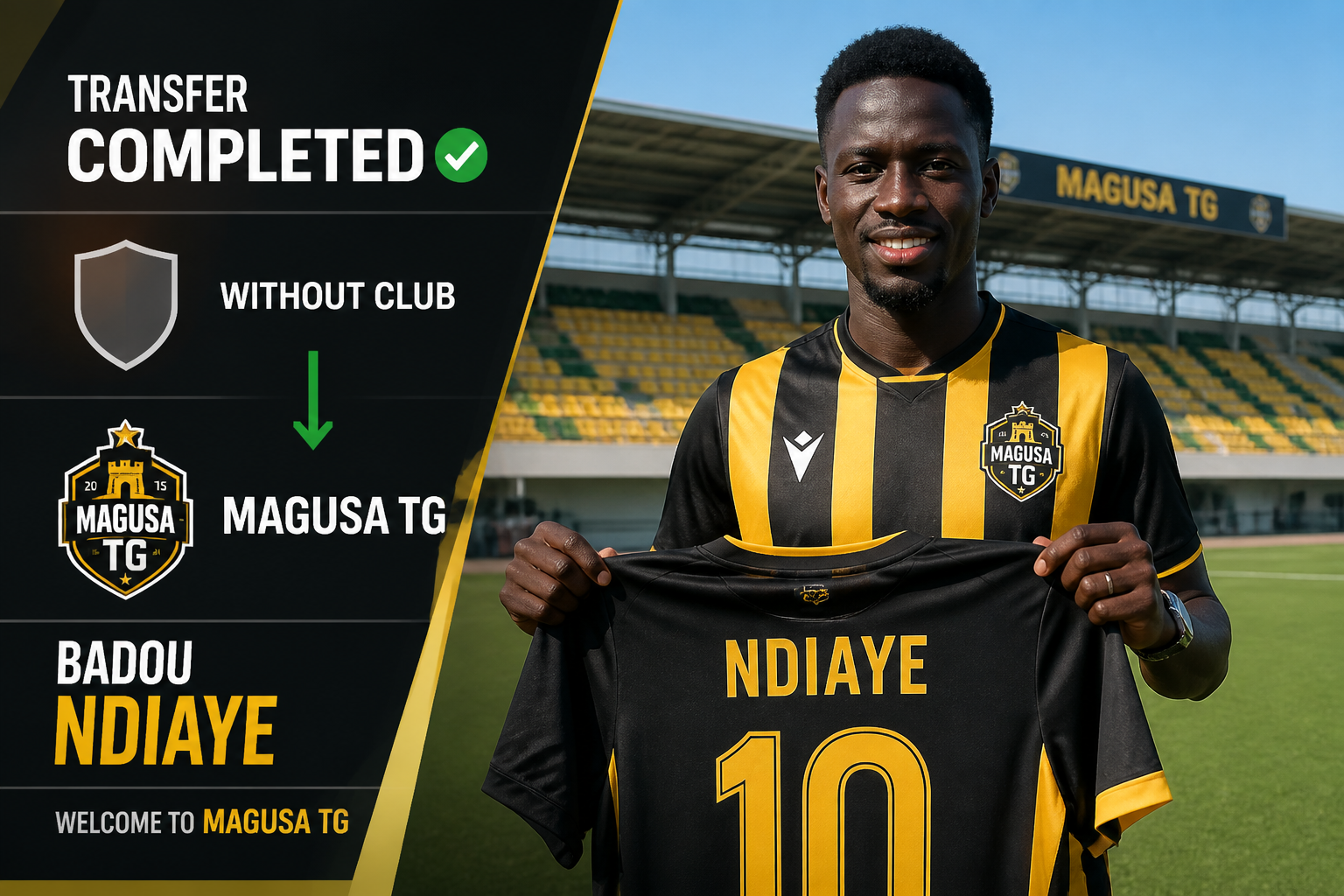Soccer player in black and yellow stripes holds his new jersey with 'NDIAYE 10' on a stadium field; left side shows 'TRANSFER COMPLETED' graphic and club logo.