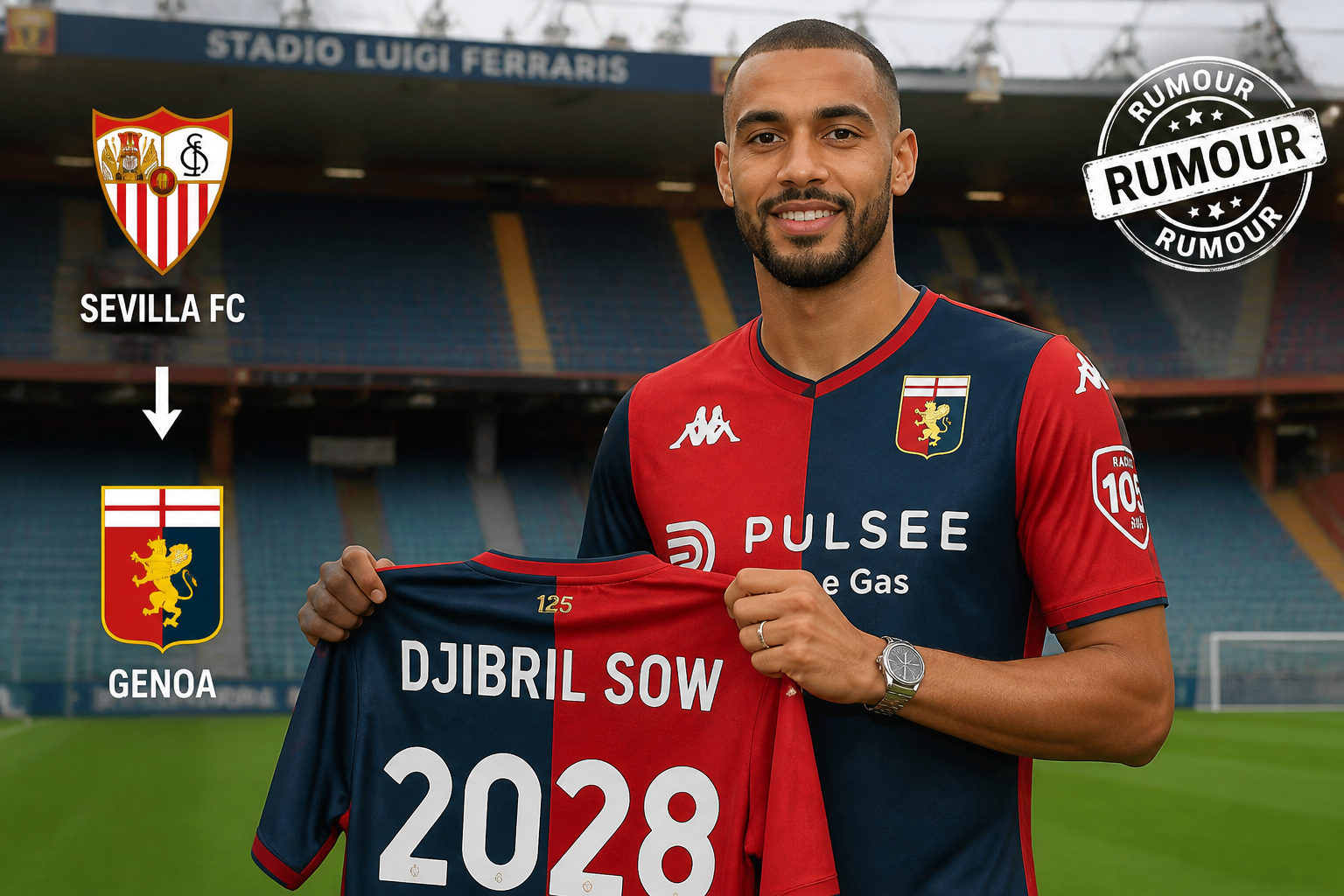 Footballer in a two-tone red-blue kit holds up a jersey reading 'DJIBRIL SOW 2028' at Genoa's Stadio Luigi Ferraris, with Sevilla and Genoa logos visible and a 'RUMOUR' stamp in the corner.