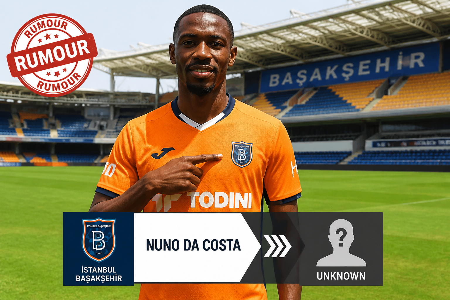 Footballer in an orange jersey on a Başakşehir stadium field; overlay reads 'NUNO DA COSTA' as a transfer rumor with an unknown profile icon on the right. Footballer in an orange jersey on a Başakşehir stadium field; overlay reads 'NUNO DA COSTA' as a transfer rumor with an unknown profile icon on the right.