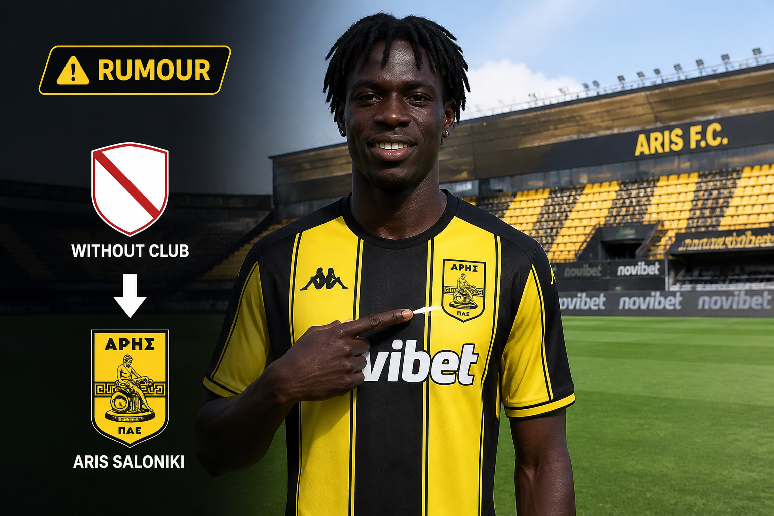 Portrait of a Black footballer in yellow-and-black ARIS kit on a stadium field, with a 'RUMOUR' banner and 'Without Club' badge near the ARIS logo (transfer rumor).
