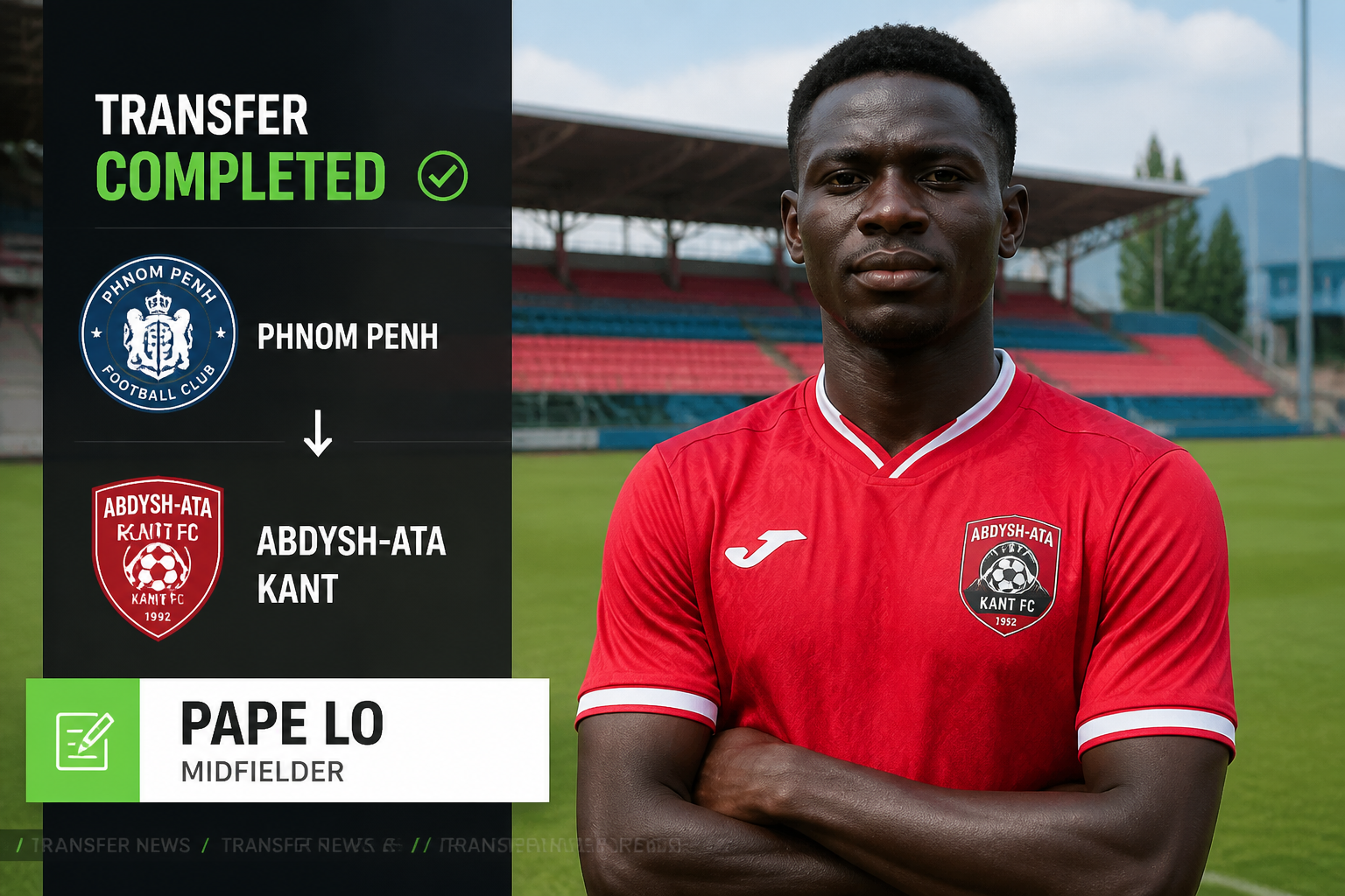 Transfer completed banner: Pape Lo named midfielder for Abdysh-Ata Kant after move from Phnom Penh FC, with club logos on a dark panel to the left and a player in red on the right.