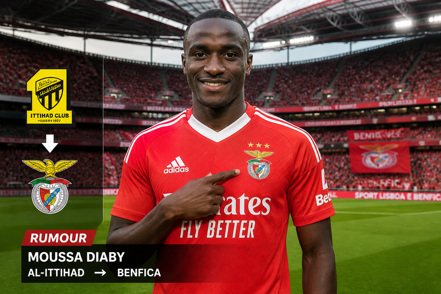 Footballer in Benfica jersey smiles at camera on a red‑seated stadium background; transfer rumor graphic shows Al-Ittihad to Benfica.