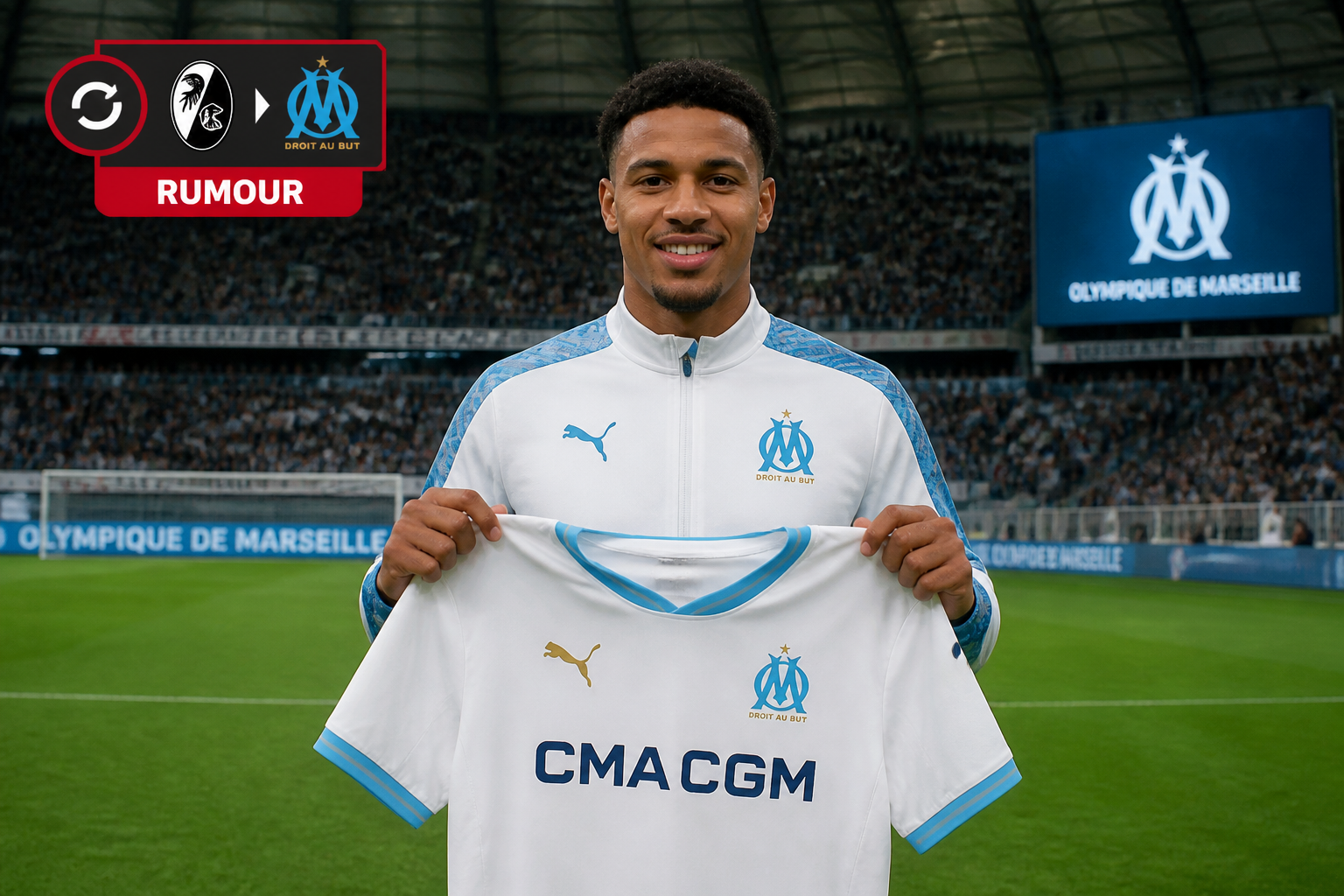 Marseille footballer holding up a white and blue jersey on the pitch, smiling with the stadium crowd in the background. CMACGM sponsor visible on the jersey.