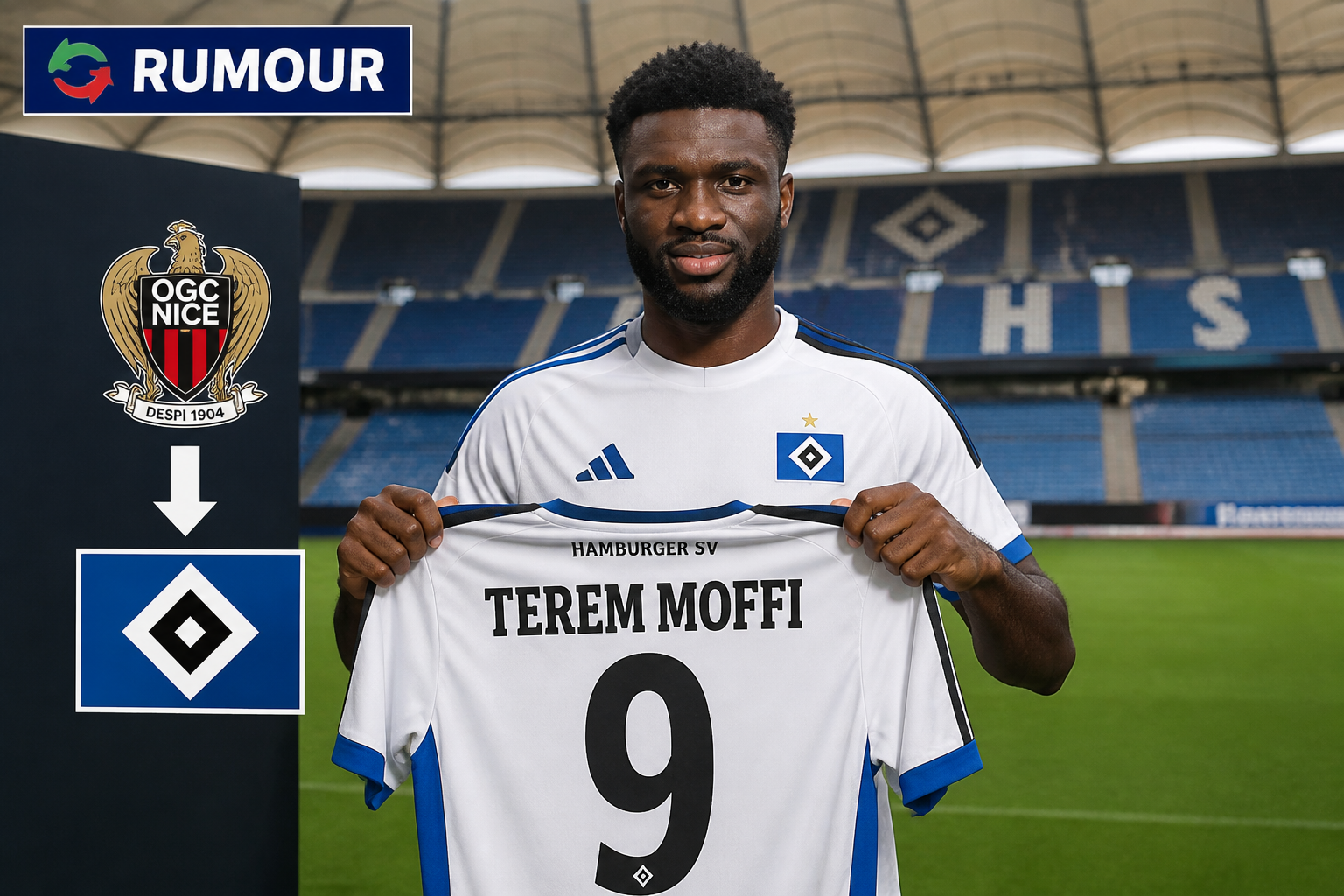 Terem Moffi holds up a Hamburger SV jersey with the number 9 in a stadium setting.